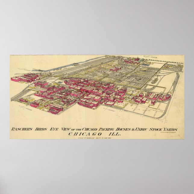 Affiches Carte du Meatpacking District de Chicago en 1890 (Devant)