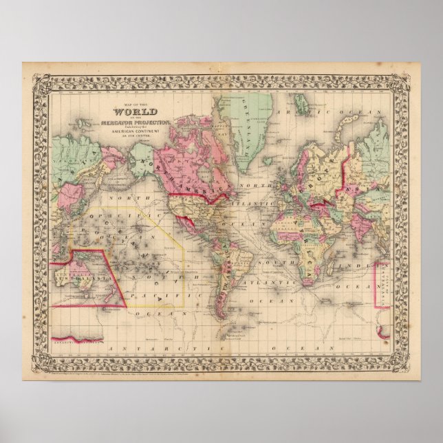 Affiches Carte du Mercator mondial par Mitchell (Devant)