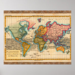 Affiches Carte du Monde 1780 Bonne Antique Planisphère