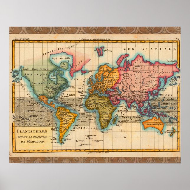 Affiches Carte du Monde 1780 Bonne Antique Planisphère  (Devant)