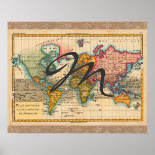 Affiches Carte du Monde 1780 Bonne Antique Planisphère 