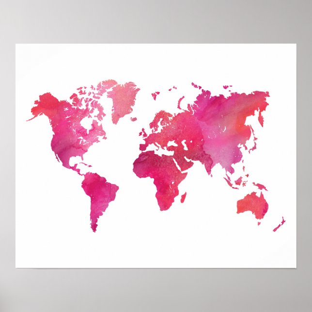 Affiches Carte du monde à l'aquarelle rose (Devant)