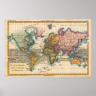 Affiches Carte du monde années 1700 Antique