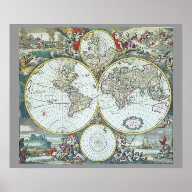 Affiches Carte du monde antique du 17e siècle, Frederick De (Devant)