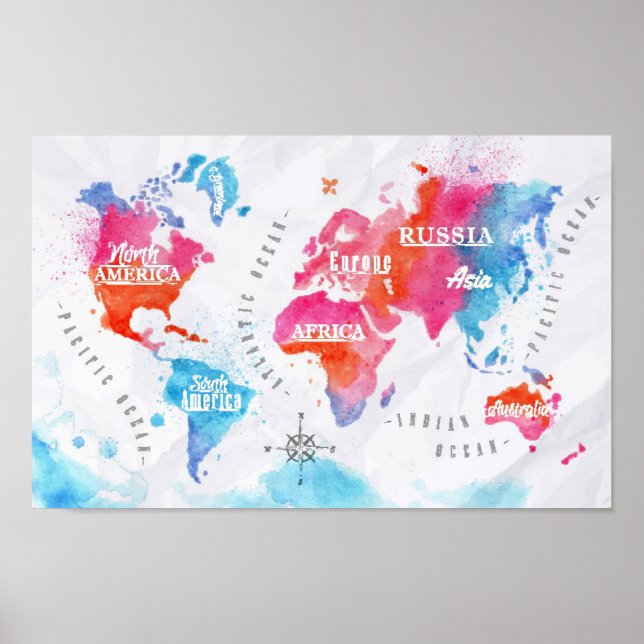 Affiches Carte du monde aquarelle bleu rose (Devant)