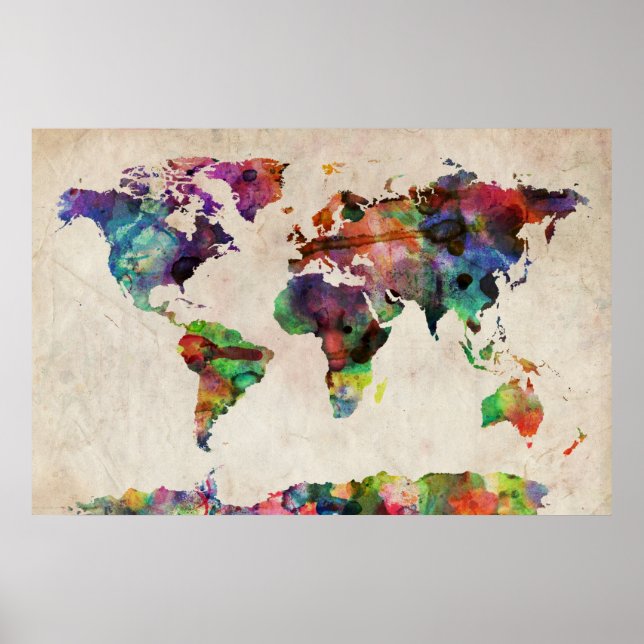 Affiches Carte du monde Aquarelle urbaine (Devant)