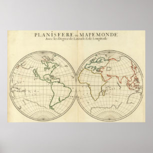 Affiches Carte du monde avec la latitude et le Longititude