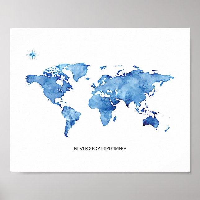 Affiches Carte du monde bleue d'exploration à ne jamais ces (Devant)