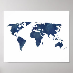 Affiches Carte du monde d'aquarelle de bleu royal