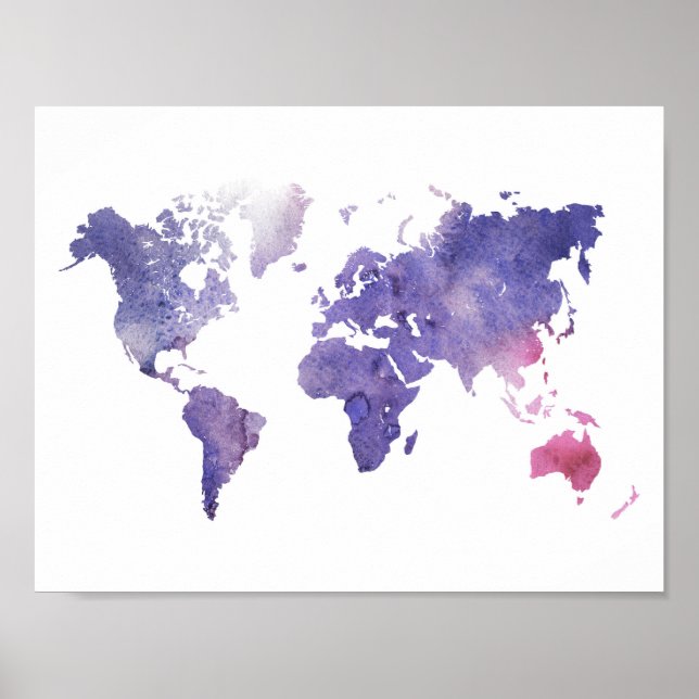 Affiches Carte du monde de l'aquarelle violette (Devant)
