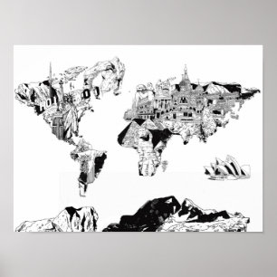 Affiches carte du monde galaxie noir et blanc 3