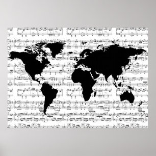 Affiches carte du monde noir avec notes musicales