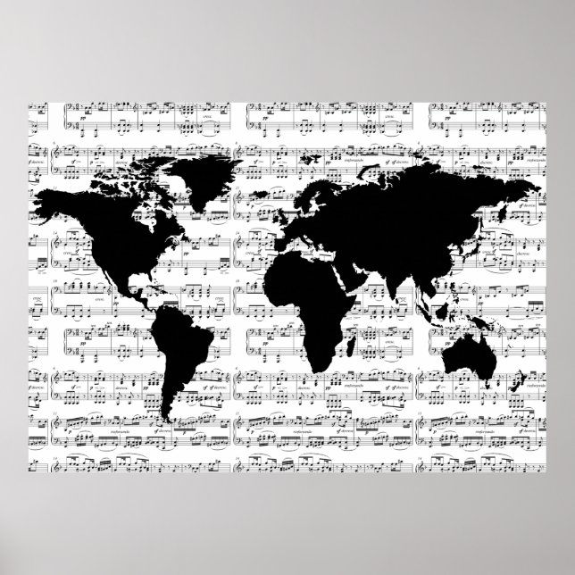 Affiches carte du monde noir avec notes musicales (Devant)