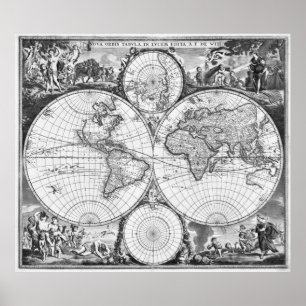 Affiches Carte du monde noir et blanc (1670)
