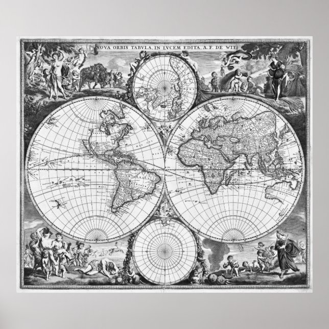 Affiches Carte du monde noir et blanc (1670) (Devant)
