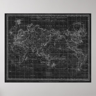 Affiches Carte du monde noir et blanc (1799) Inverse
