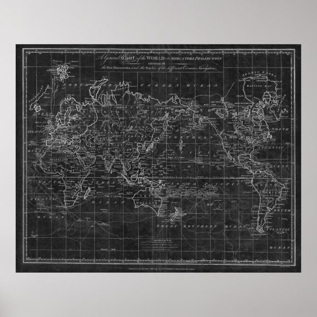 Affiches Carte du monde noir et blanc (1799) Inverse (Devant)