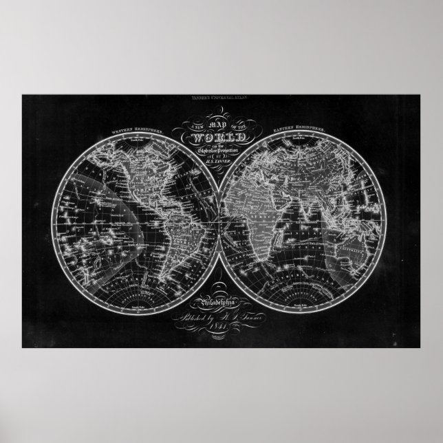 Affiches Carte du monde noir et blanc (1842) (Devant)