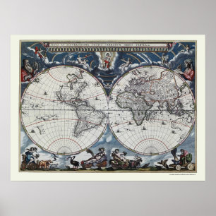 Affiches Carte du monde par Joan Blaeu - 1664