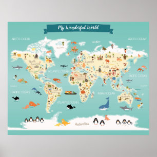 Affiches Carte du monde pour enfants avec illustrations