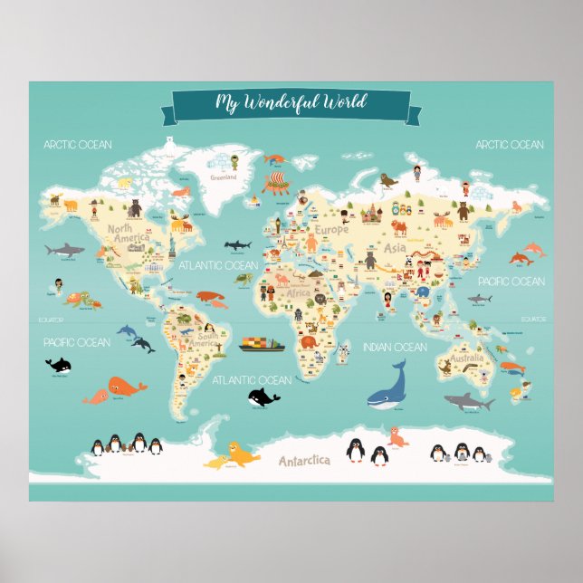 Affiches Carte du monde pour enfants avec illustrations (Devant)