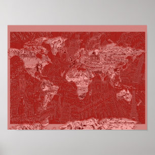 Affiches carte du monde rouge 1