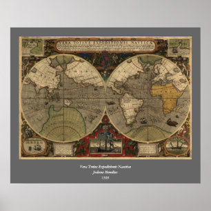 Affiches Carte du monde Vintage 1595 par Jodocus Hondius