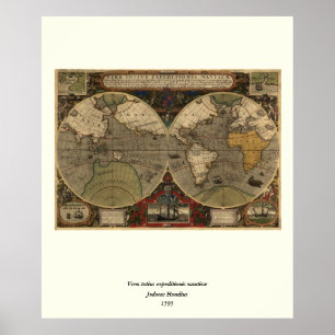 Affiches Carte du monde Vintage 1595 par Jodocus Hondius