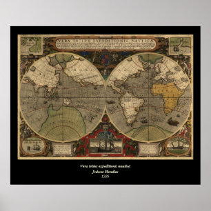 Affiches Carte du monde Vintage 1595 par Jodocus Hondius