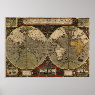 Affiches Carte du monde Vintage 1595 par Jodocus Hondius