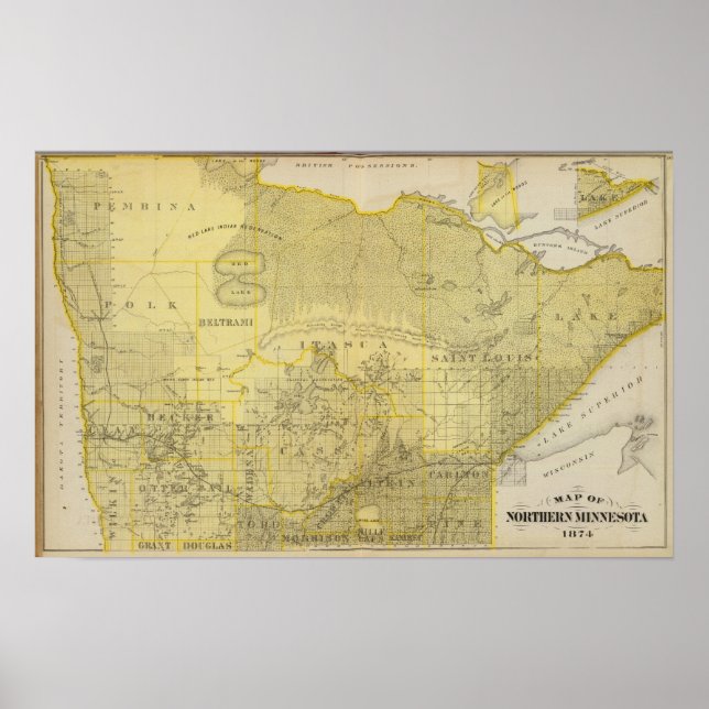 Affiches Carte du nord du Minnesota, 1874 (Devant)