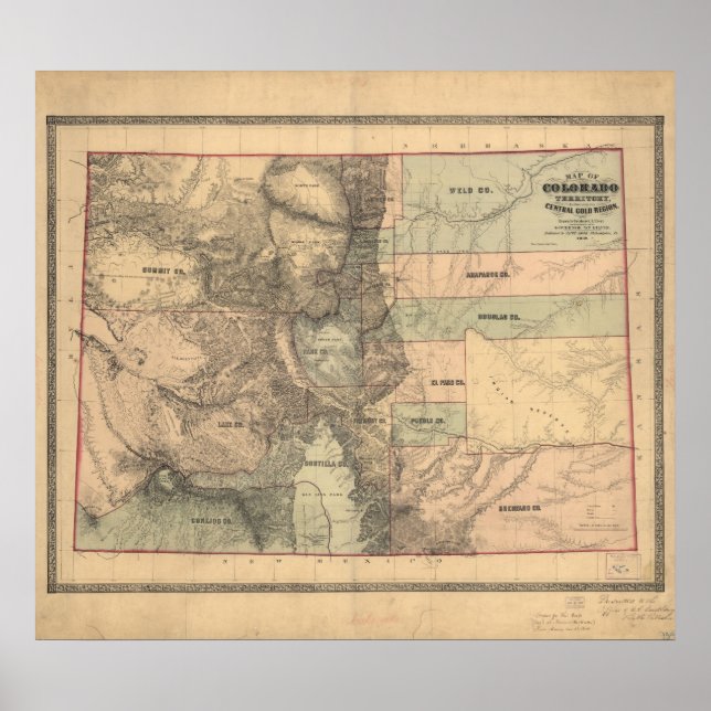 Affiches Carte du territoire du Colorado 1862 (Devant)