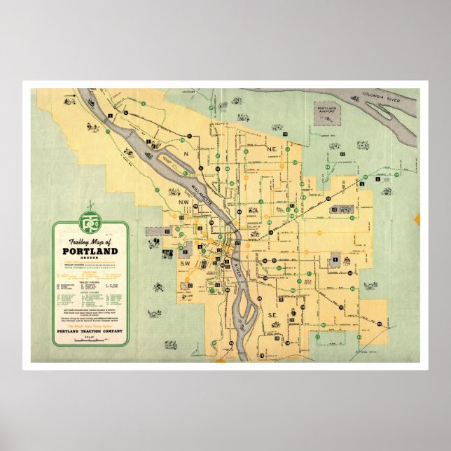 Affiches Carte du tramway de Portland Oregon 1955 (Devant)