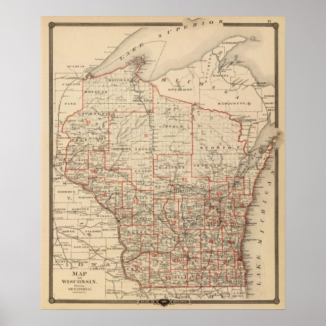 Affiches Carte du Wisconsin montrant les districts sénatori (Devant)