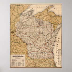 Affiches Carte ferroviaire vintage du Wisconsin (1900)