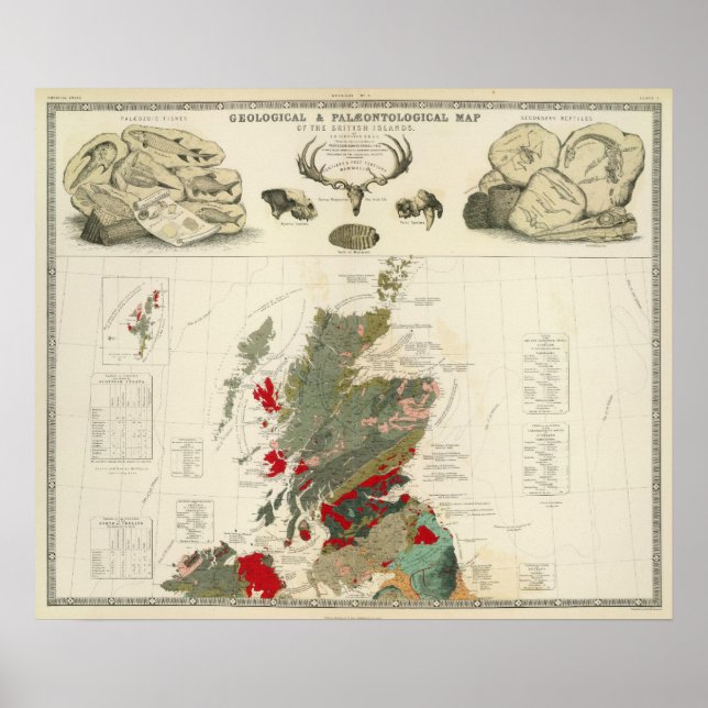 Affiches Carte géologique, paléontologique Îles britannique (Devant)