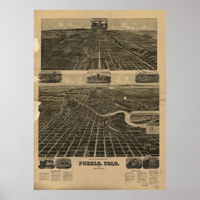 Affiches Carte historique de Pueblo Colorado 1890 (Devant)