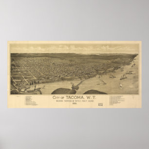 Affiches Carte imagée vintage de Tacoma Washington (1885)