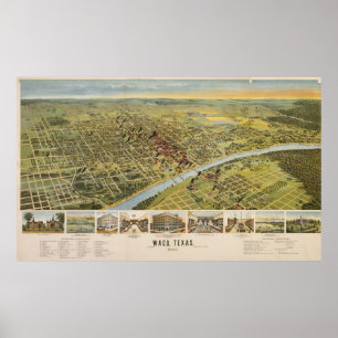 Affiches Carte imagée vintage de Waco le Texas (1892)