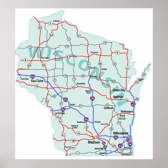 Affiches Carte Interstate Wisconsin (Devant)