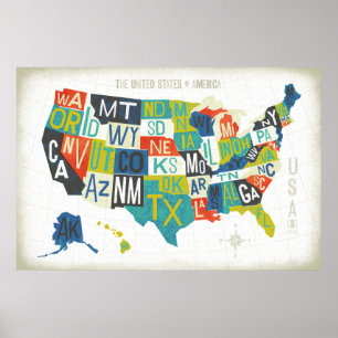 Affiches Carte Letterpress USA