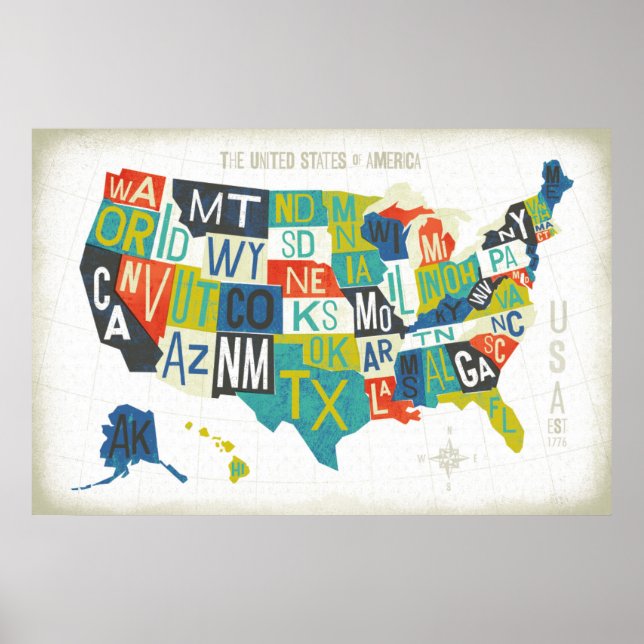 Affiches Carte Letterpress USA (Devant)