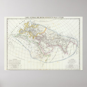 Affiches Carte Lithographiée du monde de l'hémisphère orien