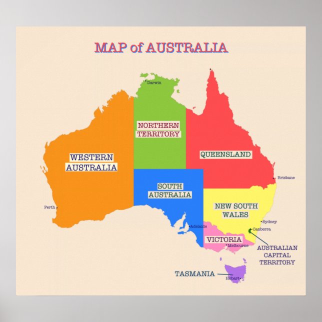 Affiches Carte multicolore de l'Australie (Devant)