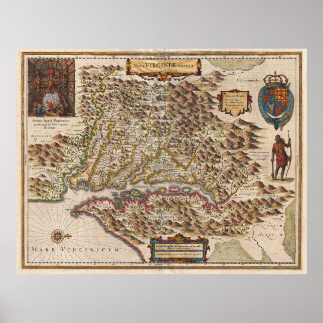 Affiches Carte Nova Virginiae Tabula 1630 Henricus Hondius (Devant)