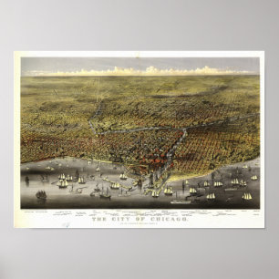 Affiches Carte panoramique antique de Chicago l'Illinois