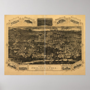 Affiches Carte panoramique antique de Philadelphie Penn
