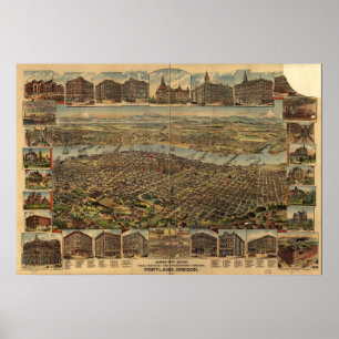 Affiches Carte panoramique antique de Portland Orégon 1890
