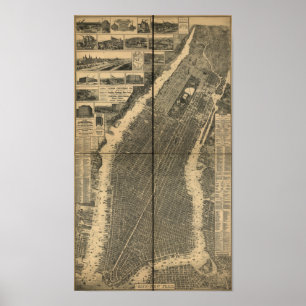 Affiches Carte panoramique antique de ville de New-York