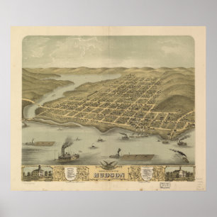 Affiches Carte panoramique antique de WI 1870 du Hudson